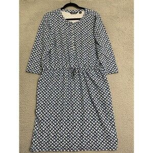Lands End Blue Print 3/4 Sleeve 1/4 Button Tie Waist Dress Sz M Pockets NWT
